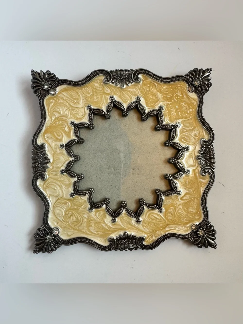 Picture Frame Butter Yellow Swirls Enamel Silver Ornate Details Square Fancy